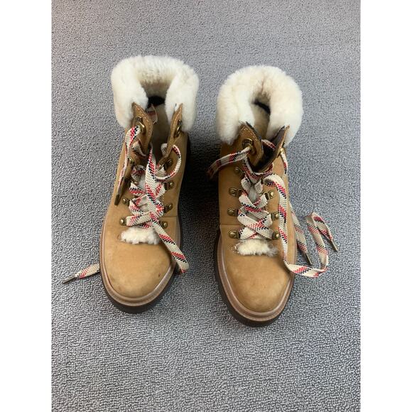 Bionica 8M Tan White Suede Faux Fur Lace Up Winter Hiking Boots - Picture 3 of 7